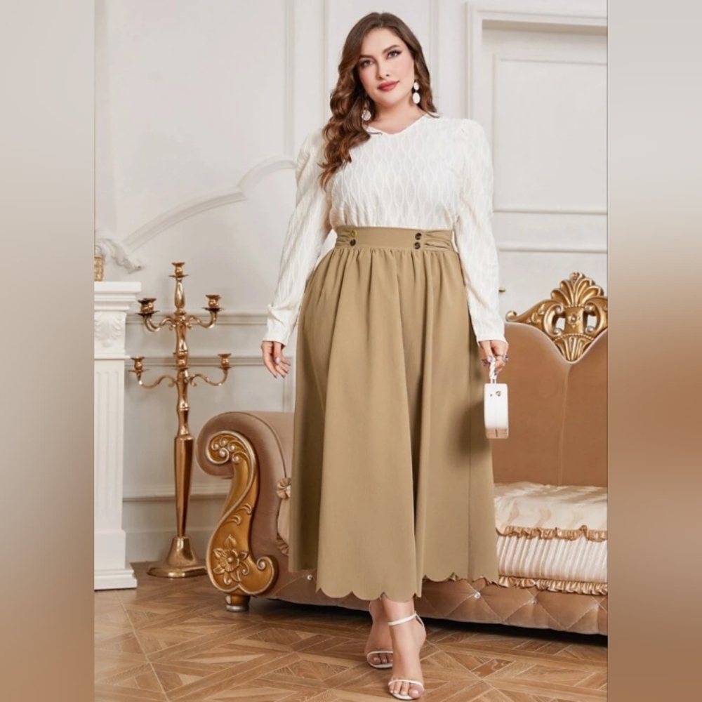 Shein • Women's "Mulvari" Plus Size Button Detail Scallop Trim Full A-Line Skirt